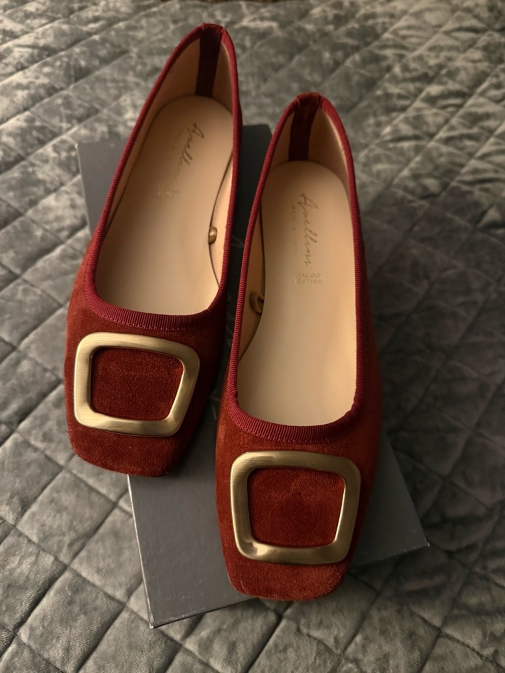 Aveline Suede Square-Toe Flats with Gold Buckle - Rust
